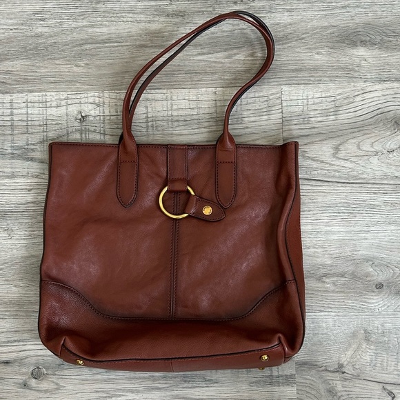 Frye  Genuine Brown Leather Gold Ring Large Tote Bag - Picture 1 of 12